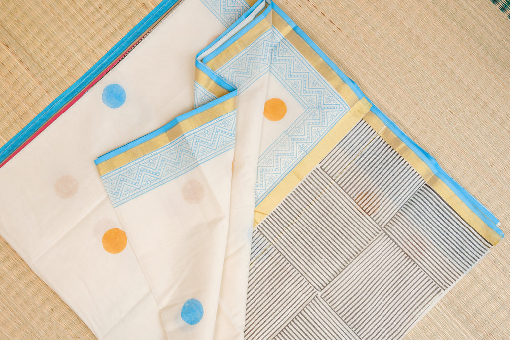 Kasavu Turquoise Blue and Mustard