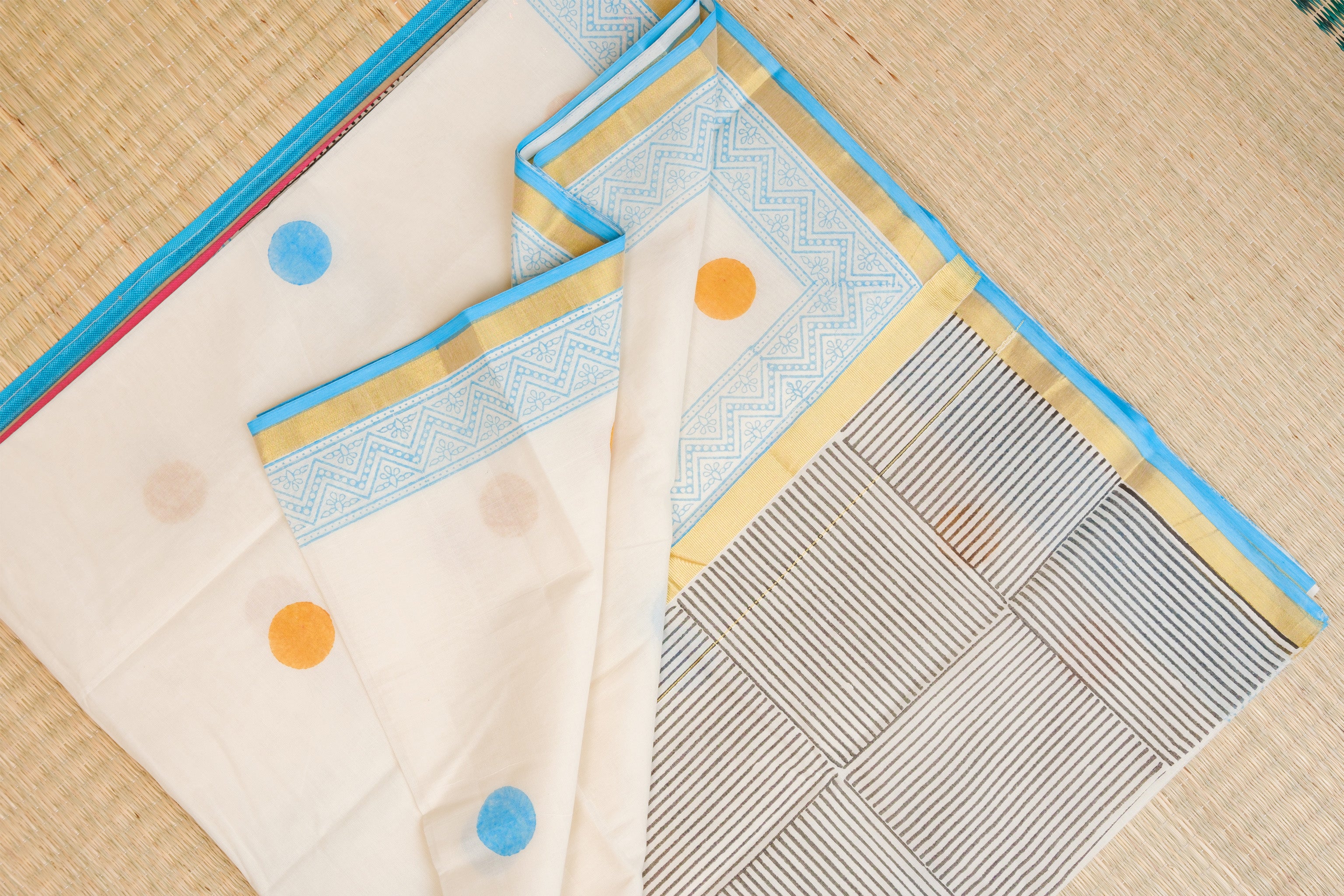 Kasavu Turquoise Blue and Mustard