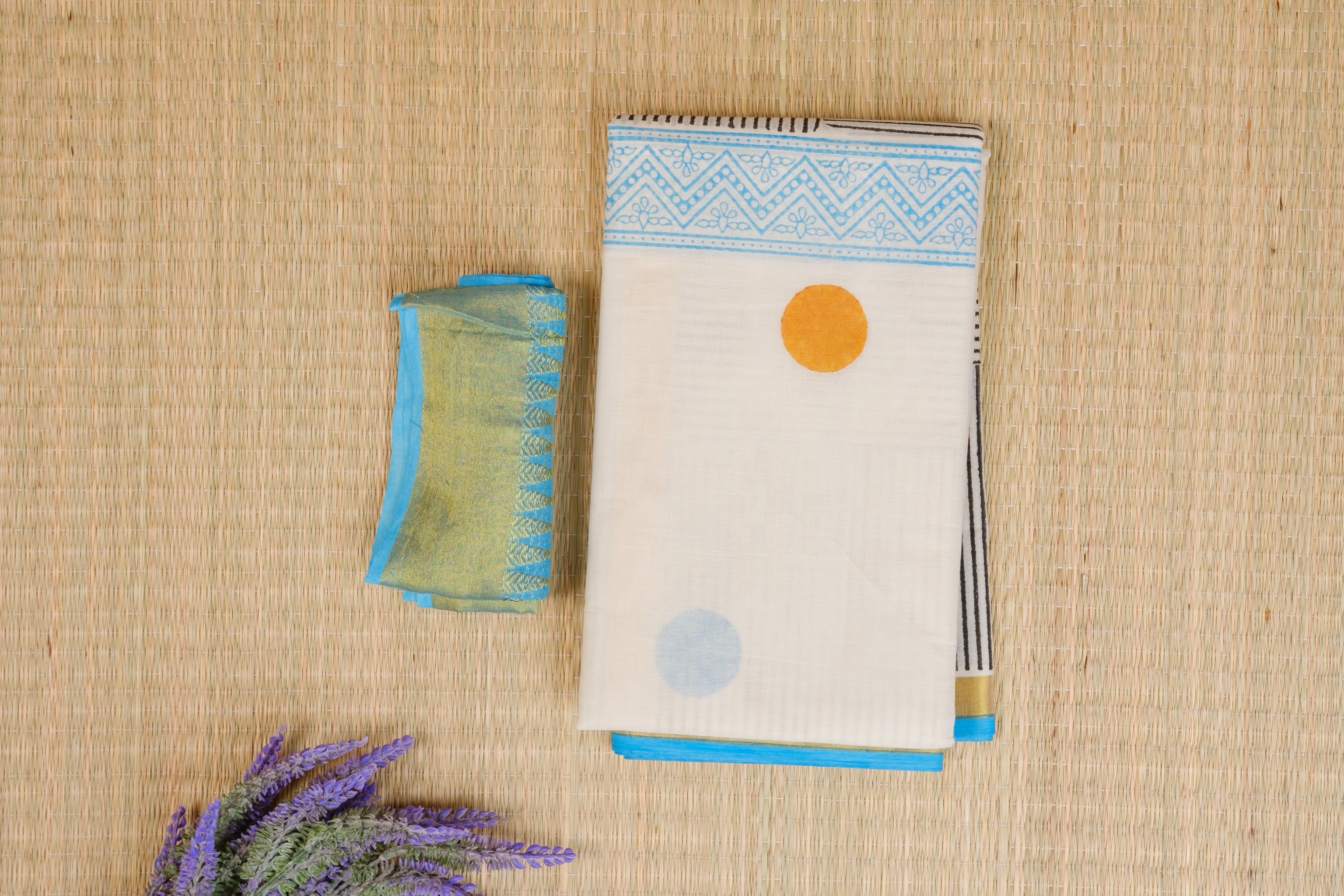 Kasavu Turquoise Blue and Mustard