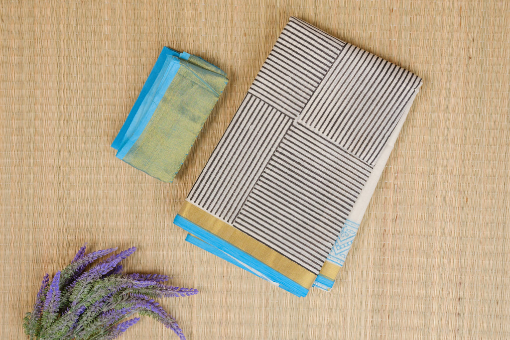 Kasavu Turquoise Blue and Mustard