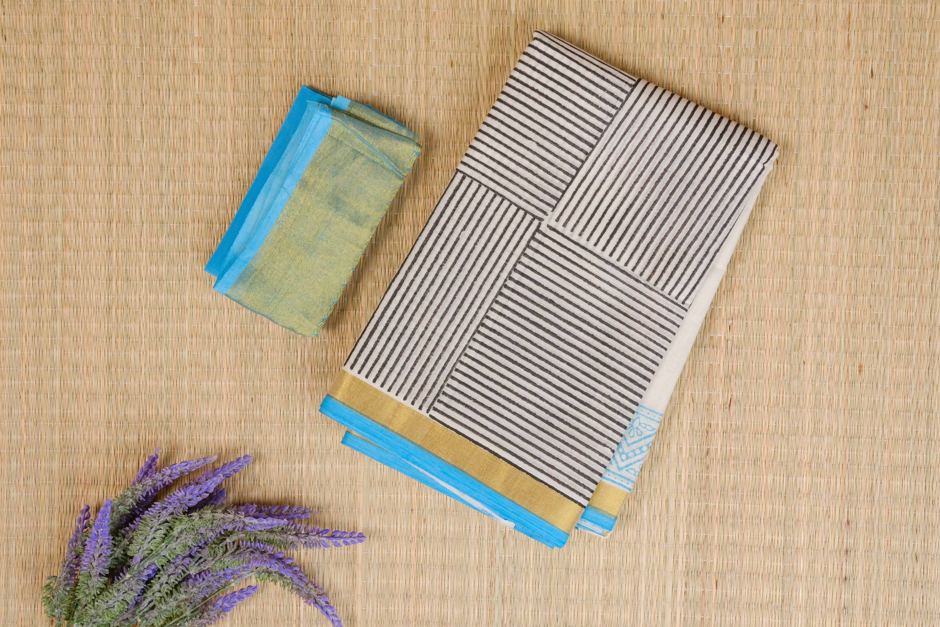 Kasavu Turquoise Blue and Mustard