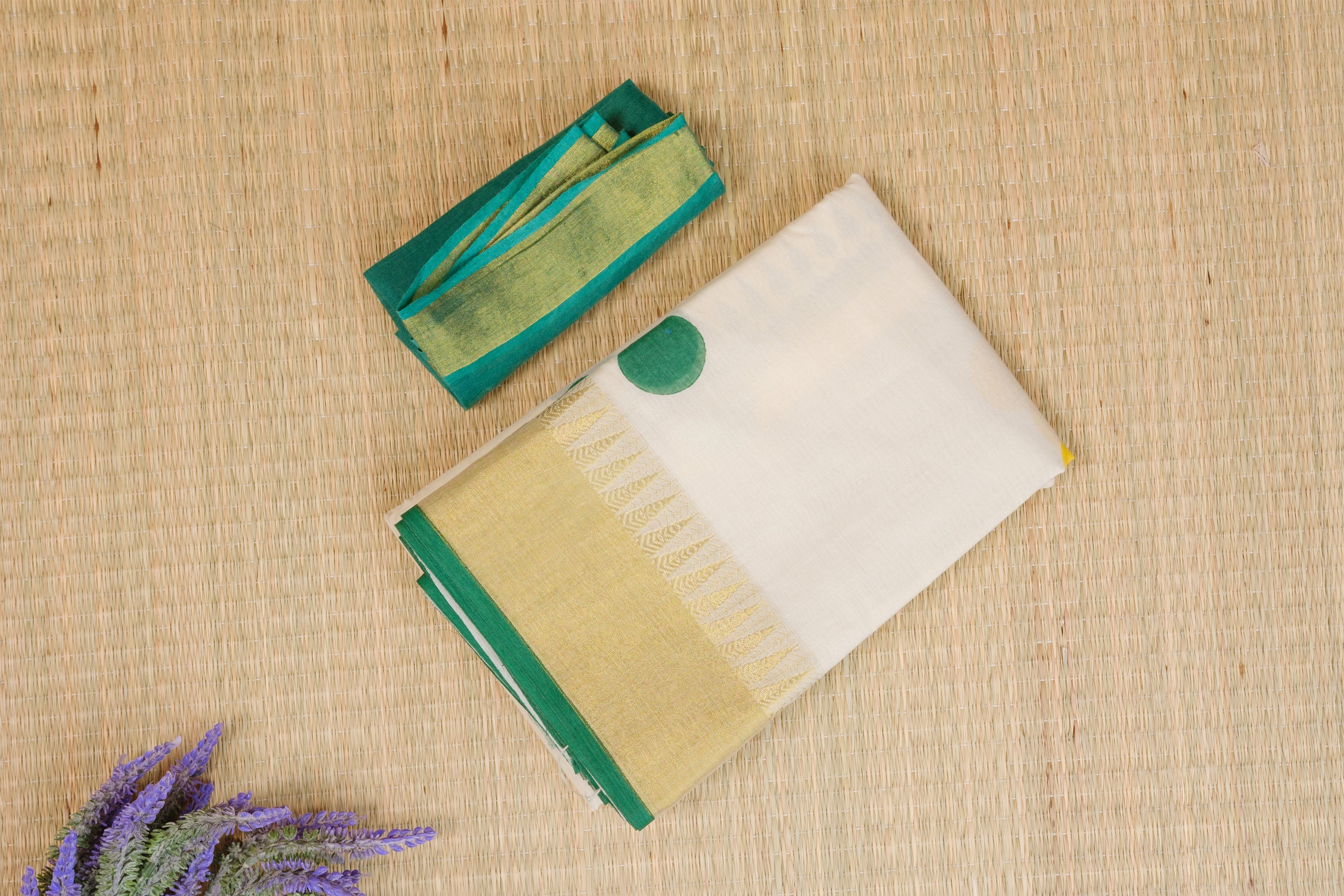 Kasavu Green and Mustard Big Polka