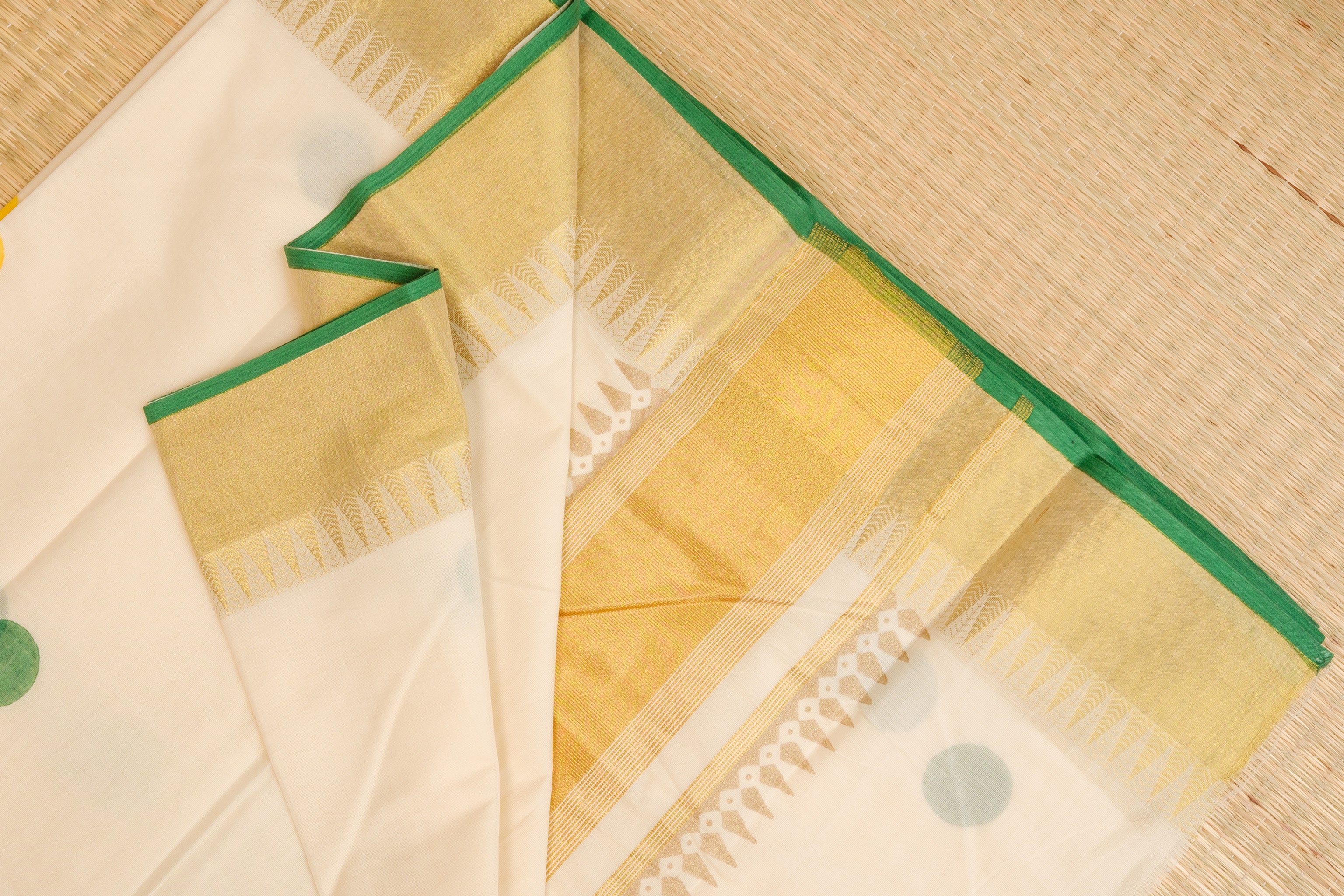 Kasavu Green and Mustard Big Polka