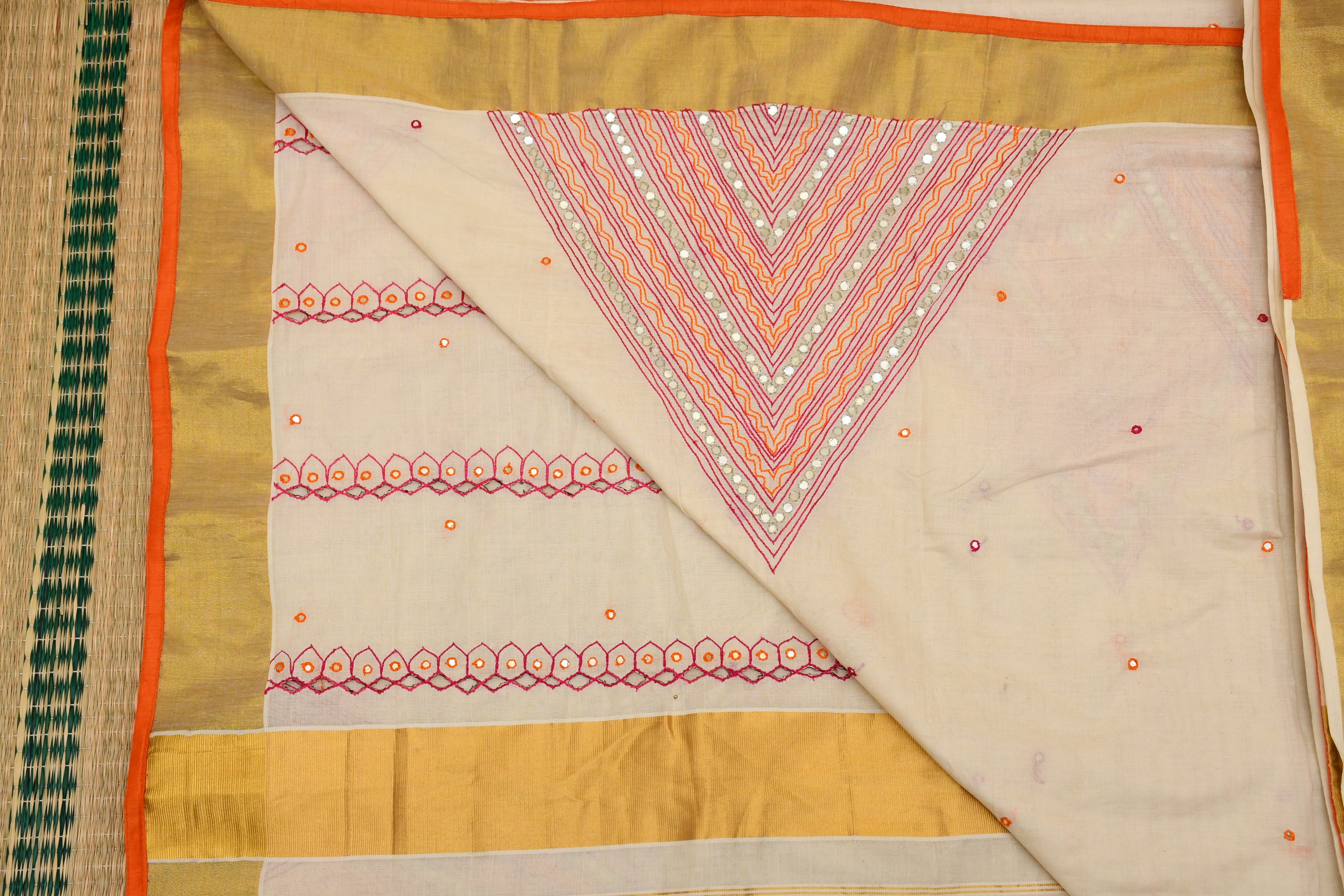 Kasavu Orange and Pink Hand Embroidery Work