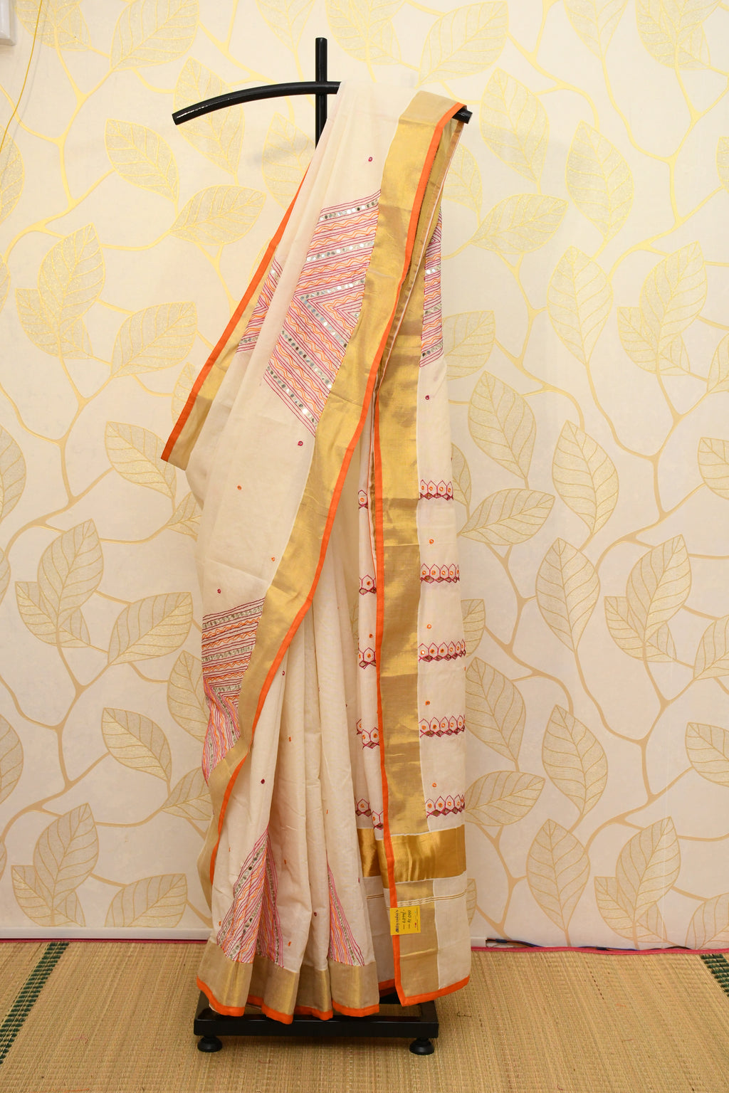 Kasavu Orange and Pink Hand Embroidery Work