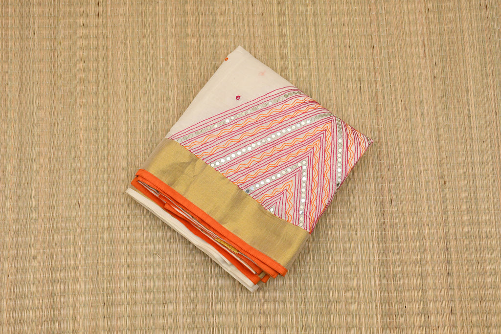 Kasavu Orange and Pink Hand Embroidery Work