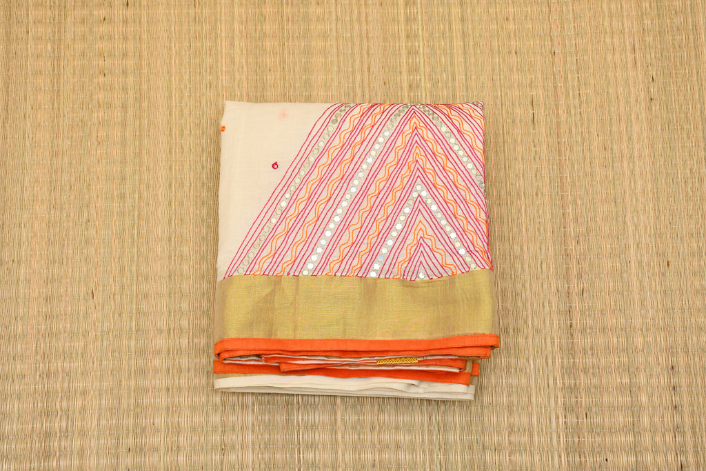 Kasavu Orange and Pink Hand Embroidery Work