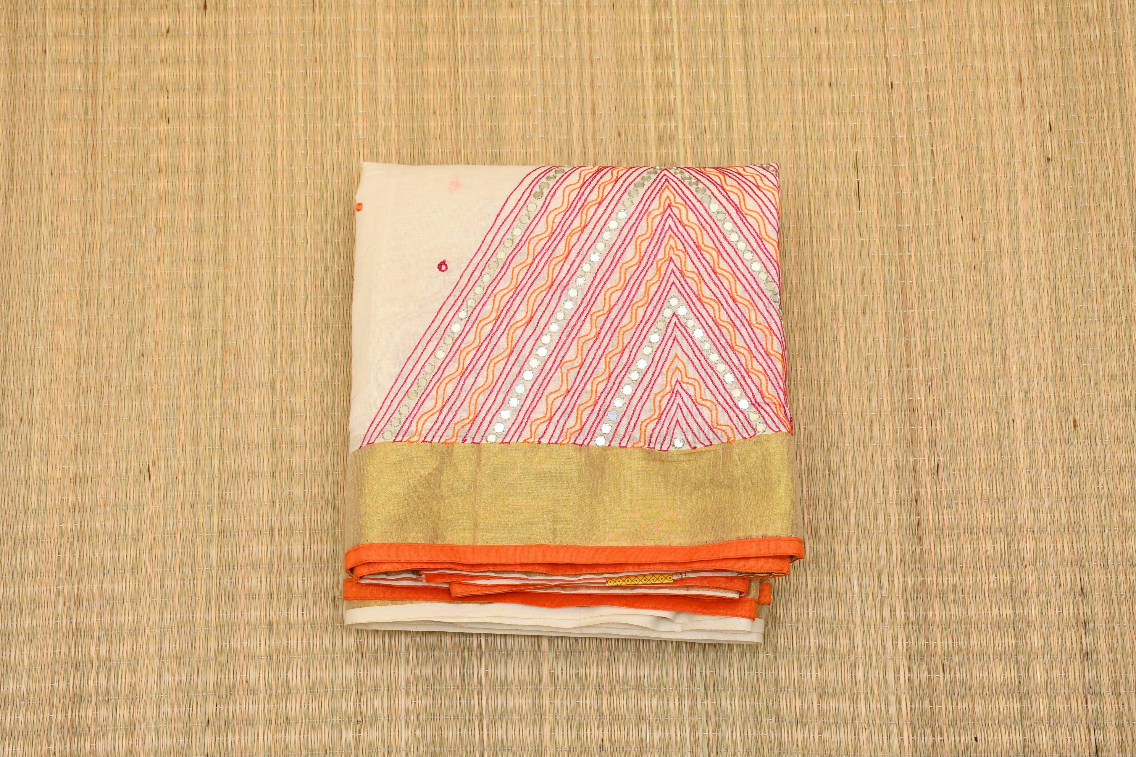 Kasavu Orange and Pink Hand Embroidery Work